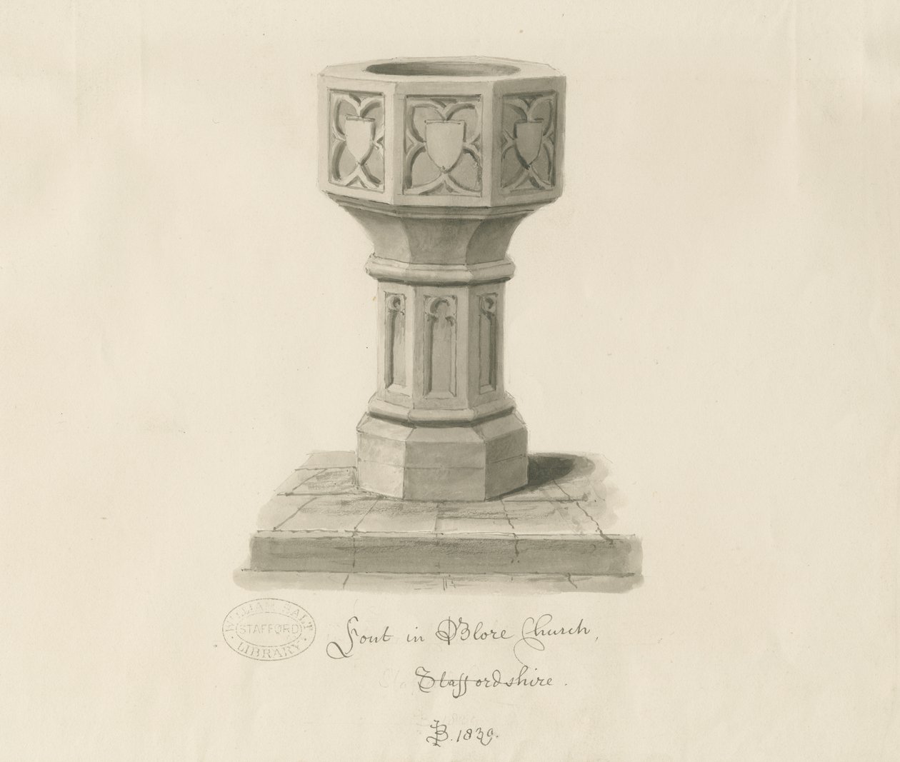 布洛尔教堂（Blore Church）的字体：棕褐色图纸，1839年 作者 约翰·巴克勒
