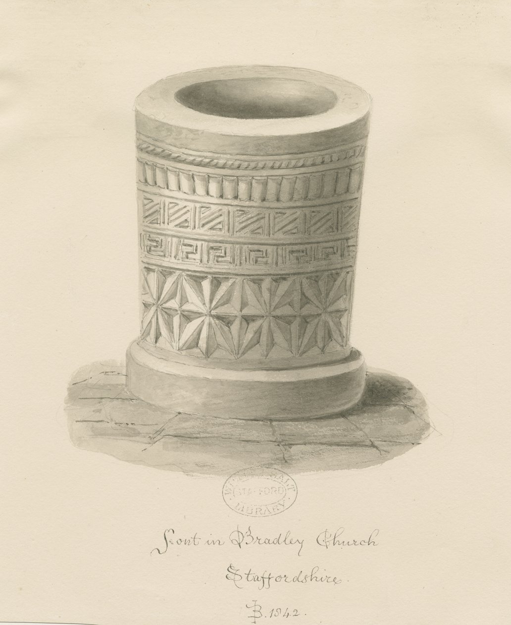 布拉德利教堂的字体：棕褐色绘画，1842年 作者 约翰·巴克勒