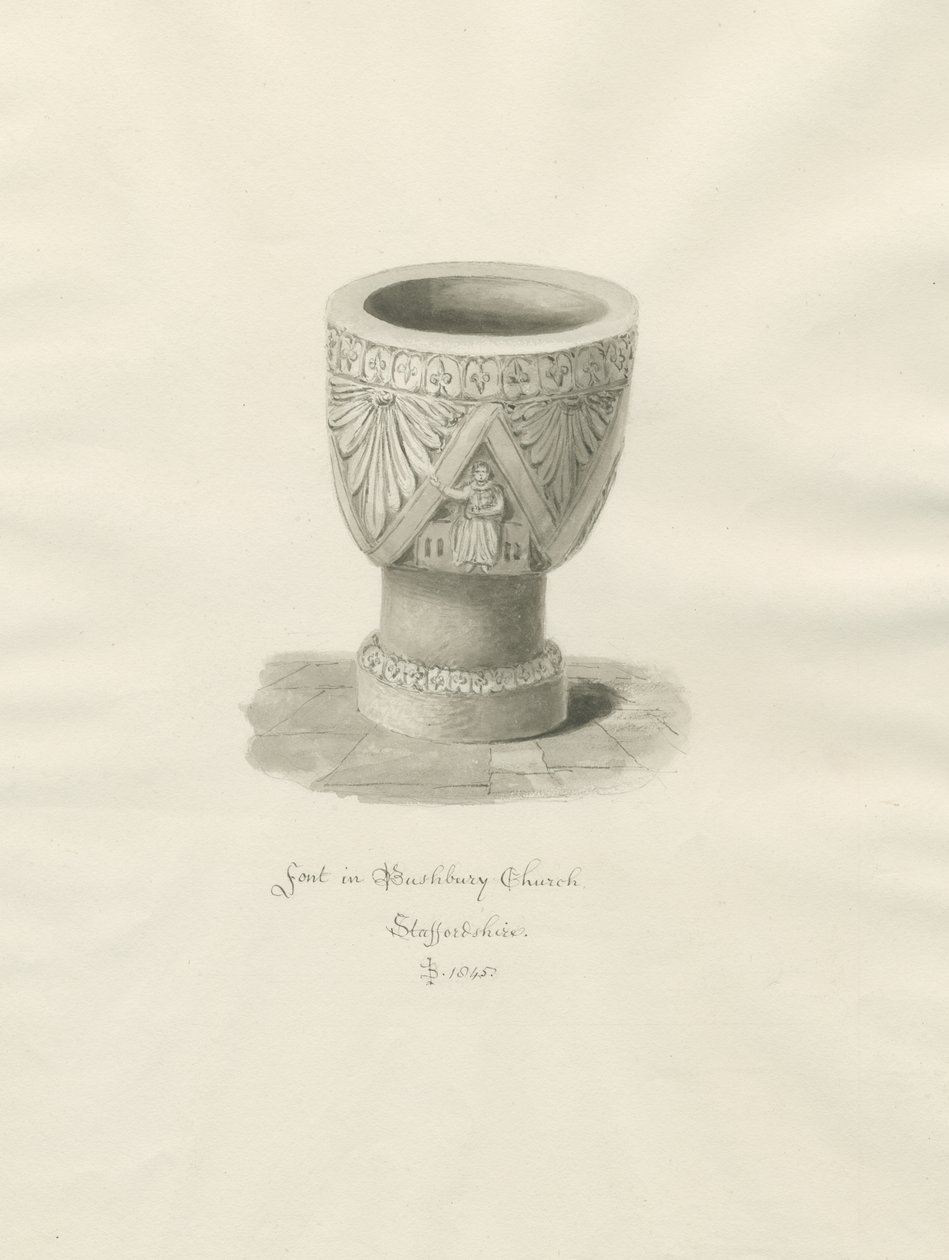 Font in Bushbury Church: sepia drawing 作者 约翰·巴克勒
