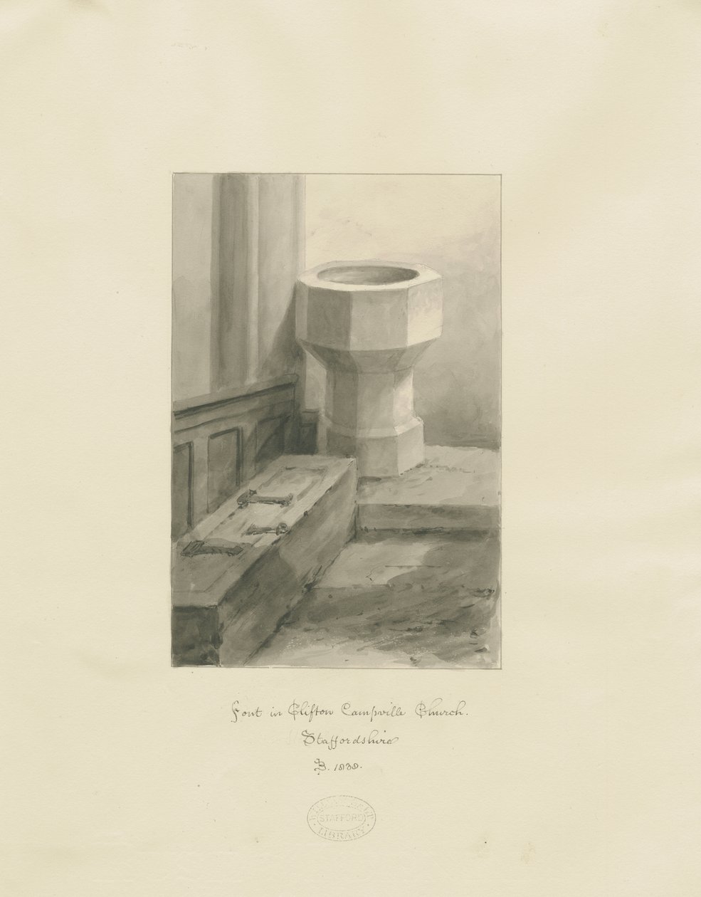 Font in Clifton Campville Church: sepia drawing 作者 约翰·巴克勒