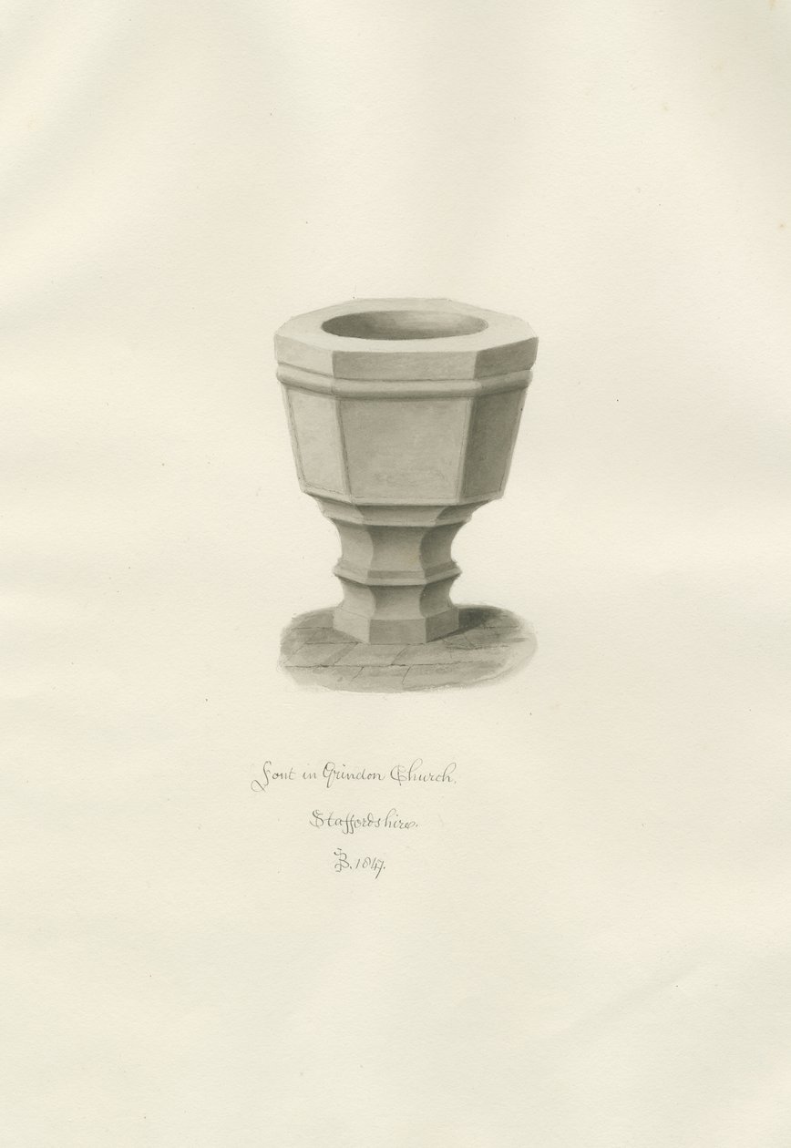 Font in Grindon Church: sepia drawing 作者 约翰·巴克勒