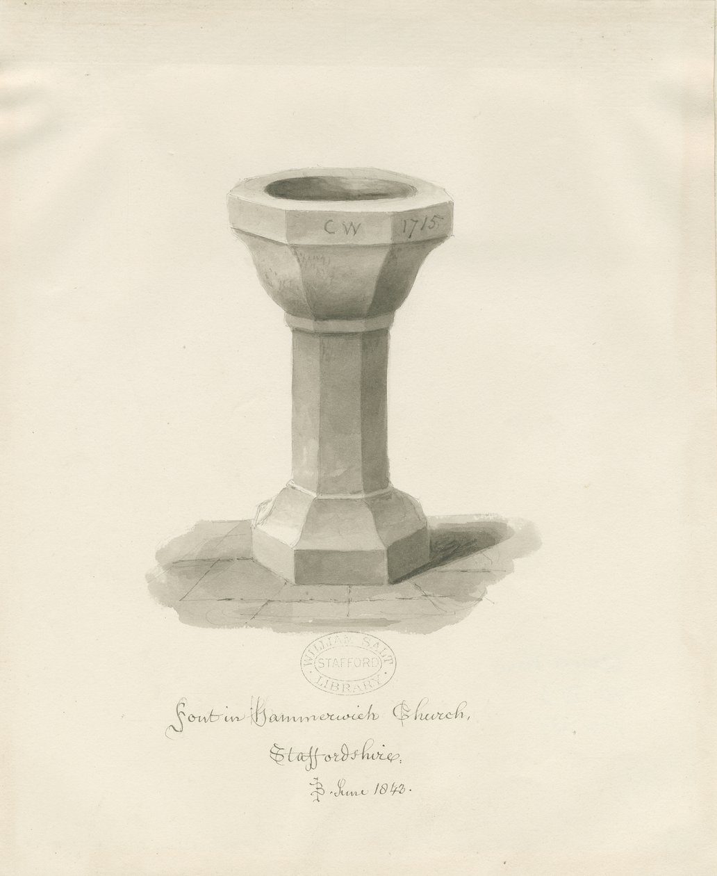 哈默里奇教堂（Hammerwich Church）中的字体：深褐色绘图，1843年6月（绘图） 作者 约翰·巴克勒