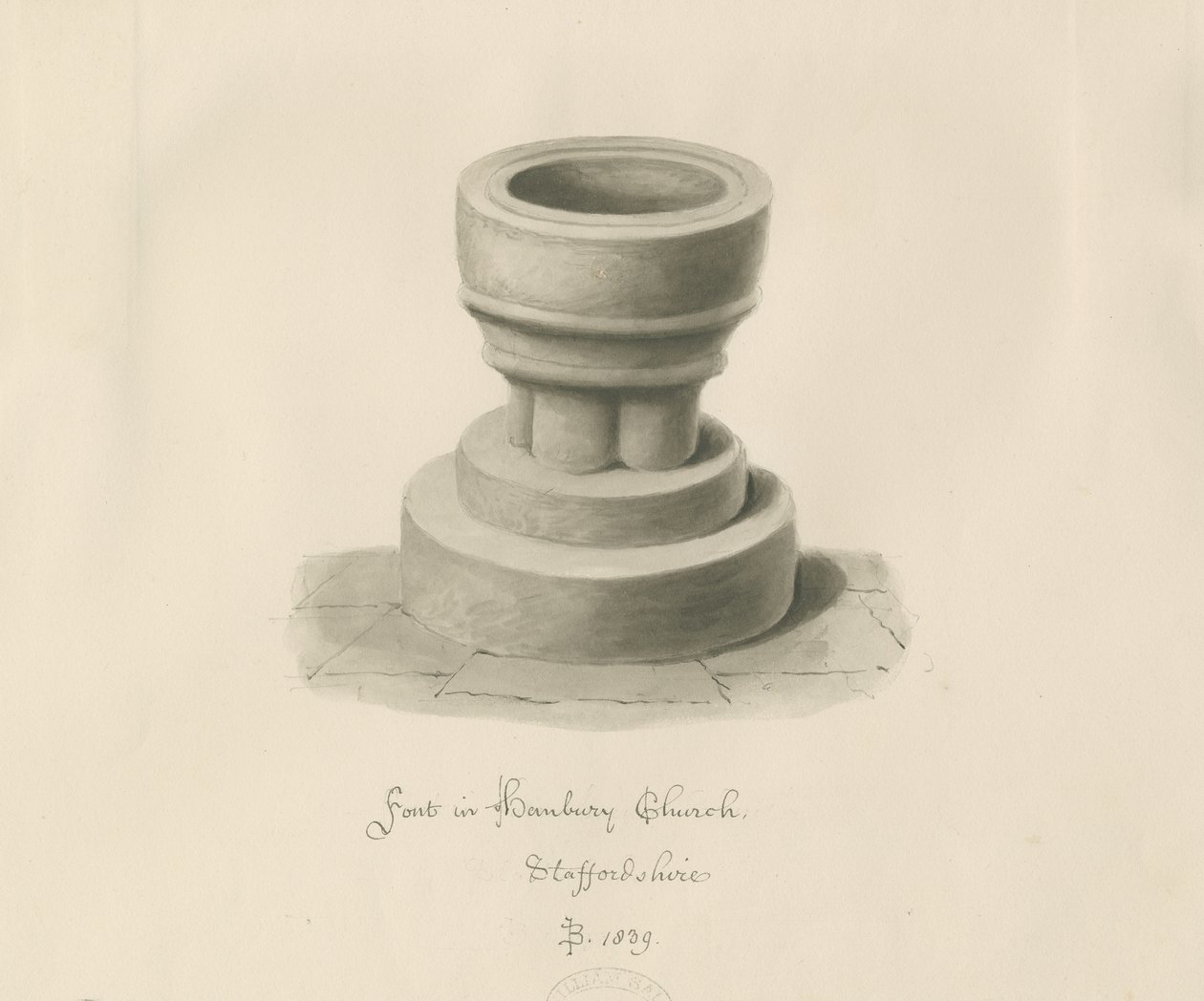 Font in Hanbury Church: sepia drawing 作者 约翰·巴克勒