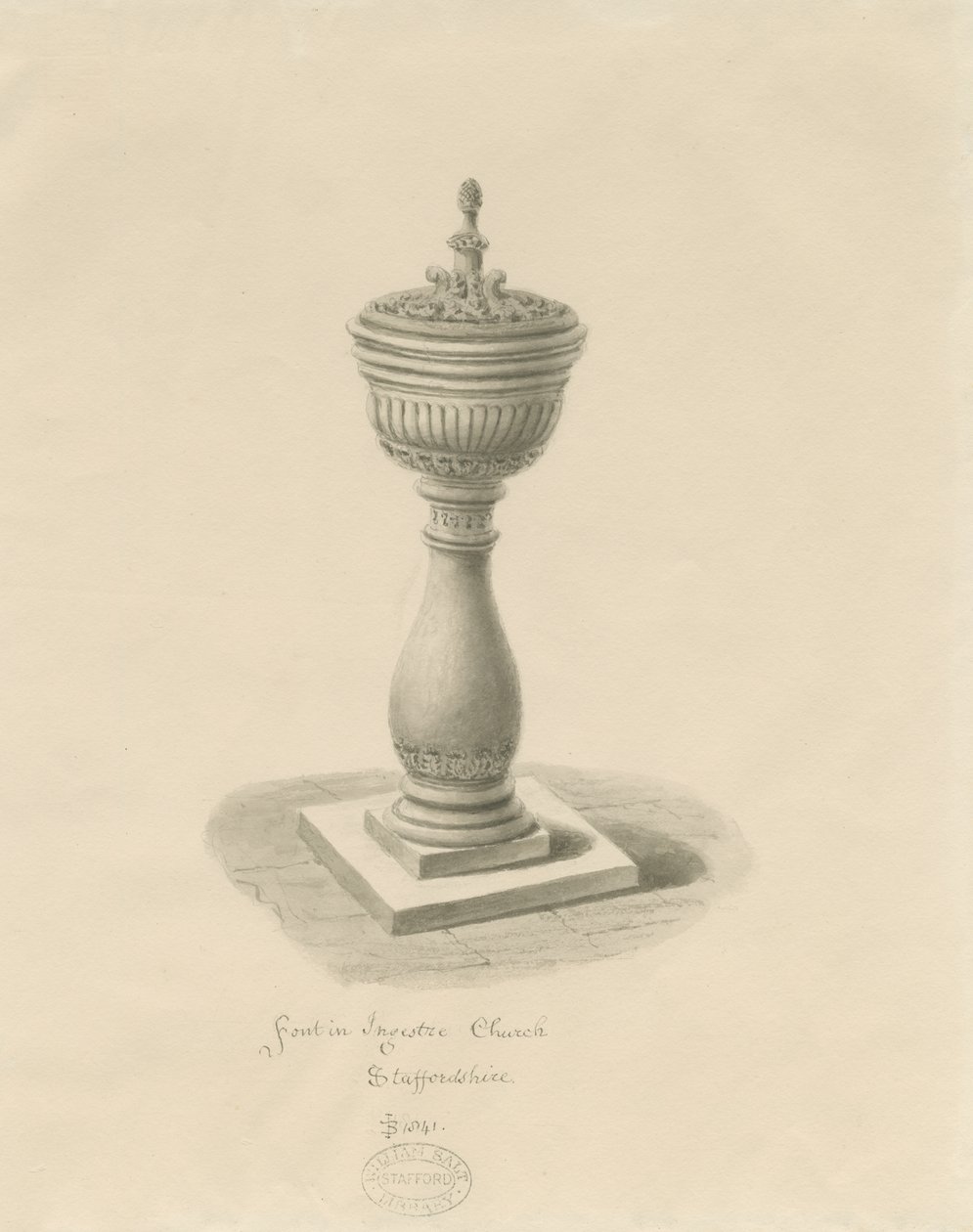 Font in Ingestre Church: sepia drawing 作者 约翰·巴克勒