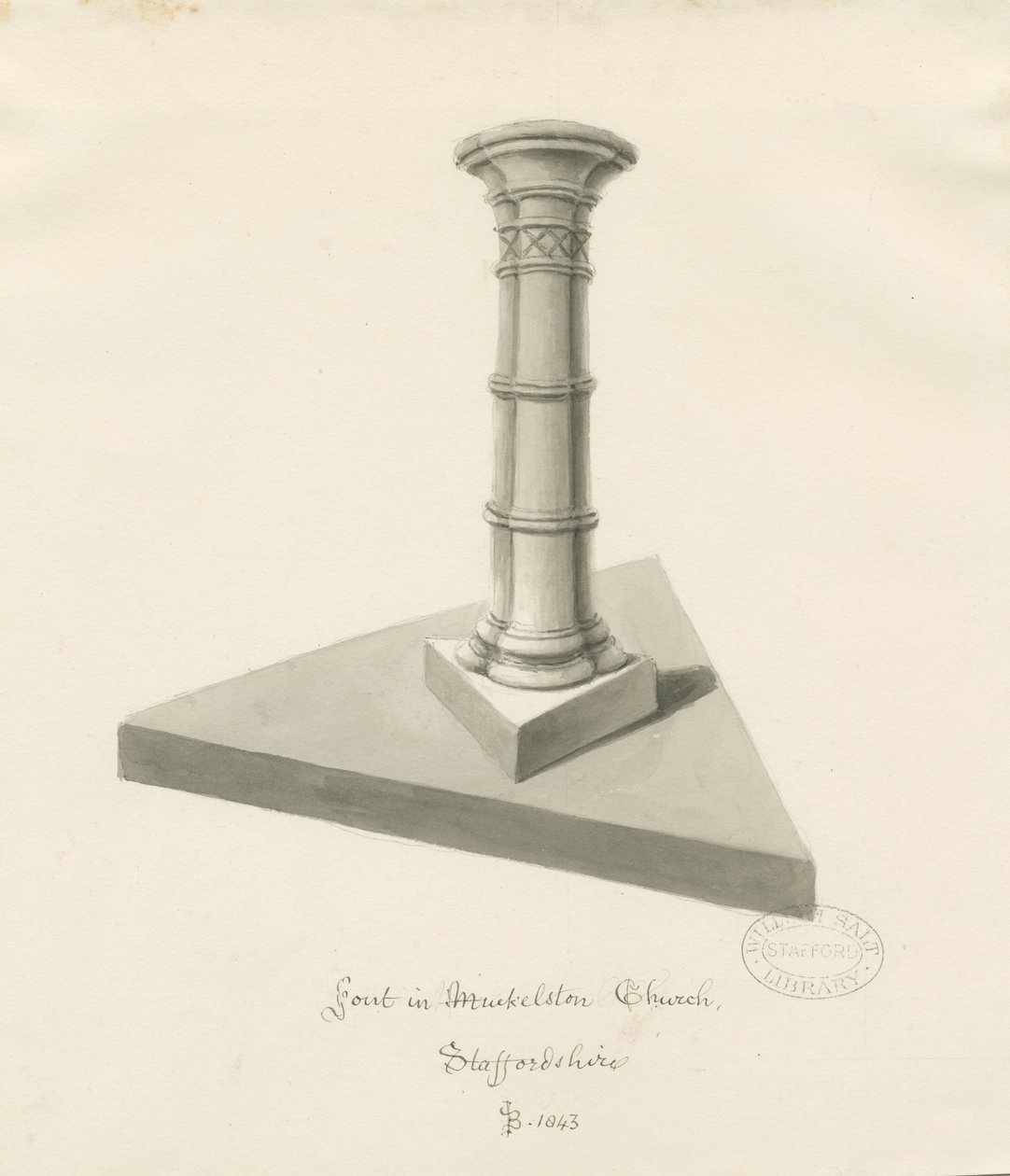 Mucklestone教堂的字体：棕褐色水墨画，1843年 作者 约翰·巴克勒