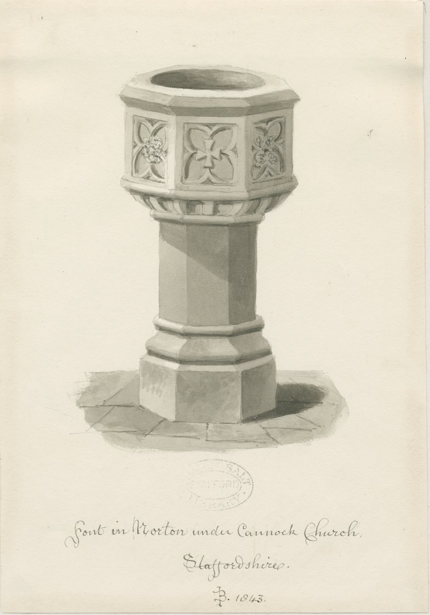 Norton Canes Church中的字体：棕褐色水墨画，1843年 作者 约翰·巴克勒