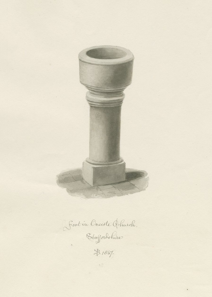 Onecote教堂的字体：棕褐色绘画，1847年 作者 约翰·巴克勒