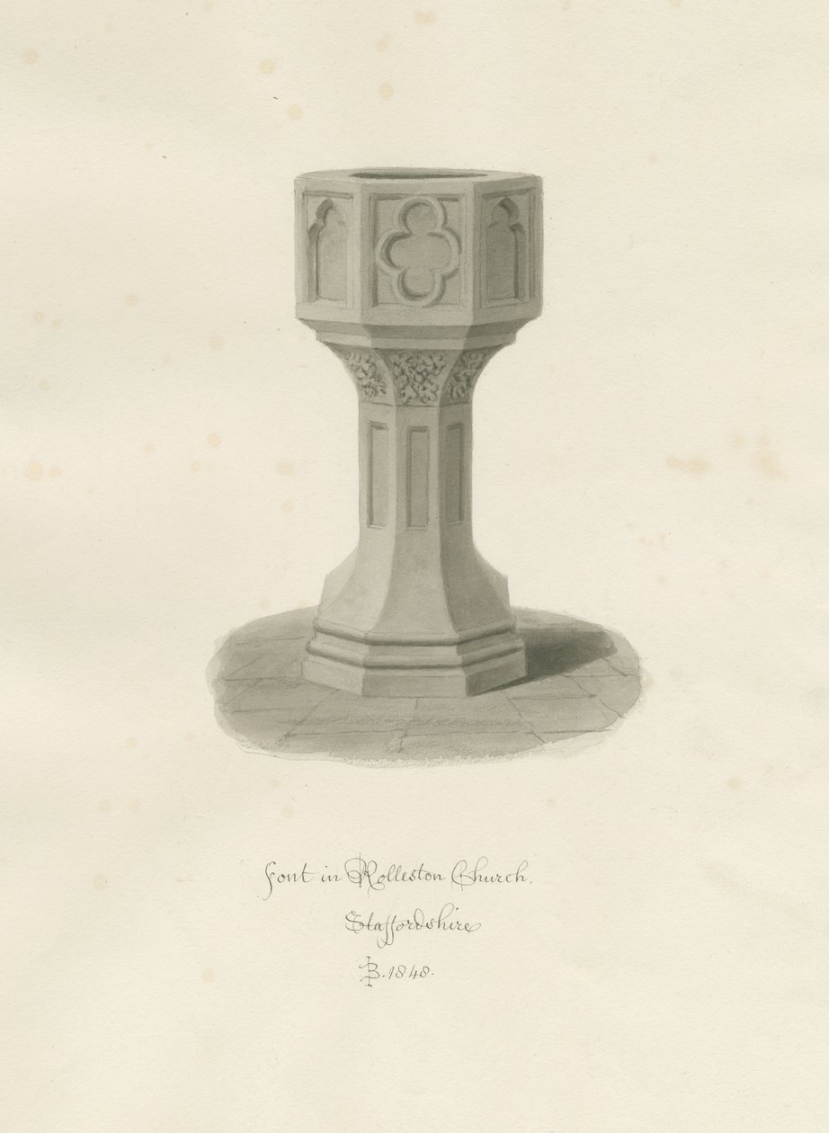 Rolleston教堂的字体：棕褐色绘画，1848年 作者 约翰·巴克勒