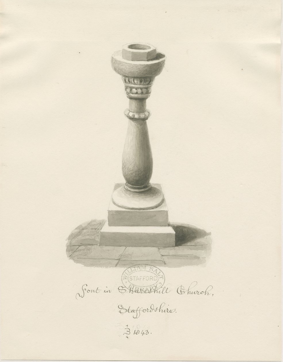 Font in Shareshill Church: sepia drawing 作者 约翰·巴克勒