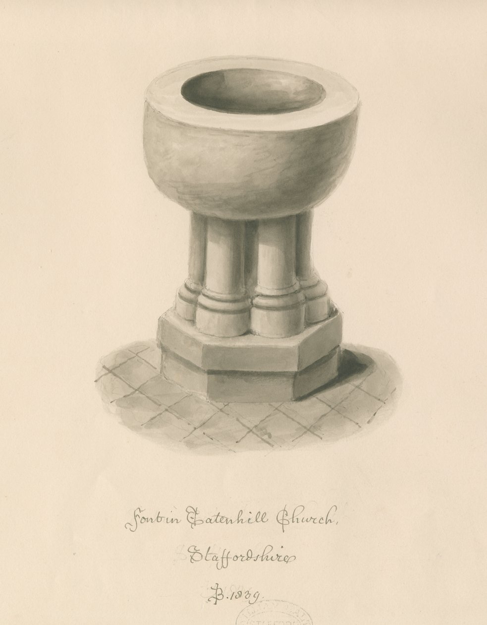 Tatenhill 教堂的字体：棕褐色水洗画 作者 约翰·巴克勒