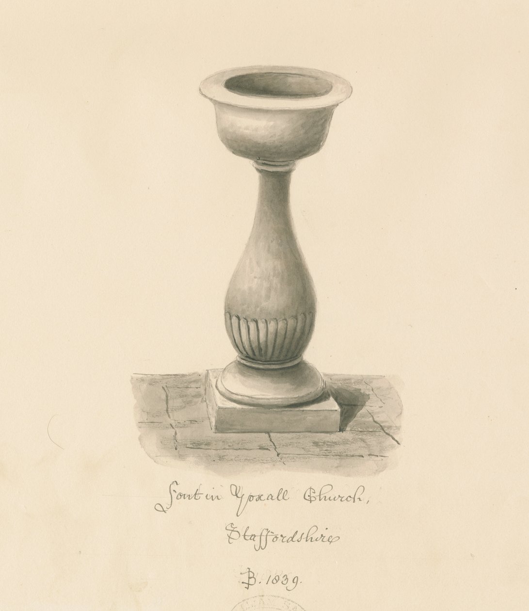 Yoxall教堂的字体：棕褐色绘画，1839年 作者 约翰·巴克勒