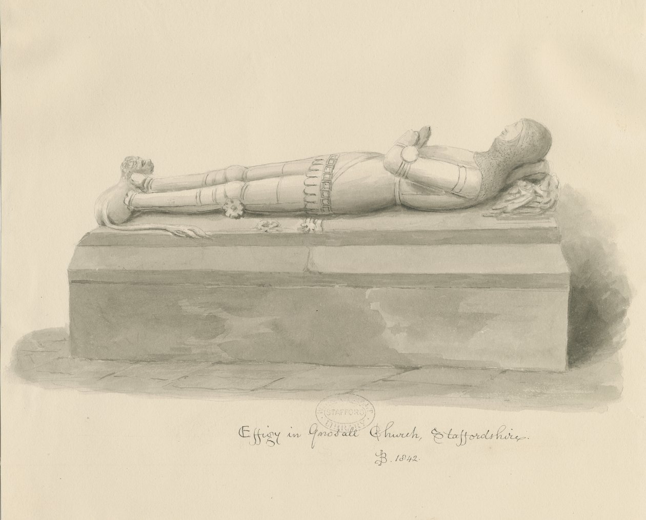 Gnosall Church - Effigy: wash drawing 作者 约翰·巴克勒