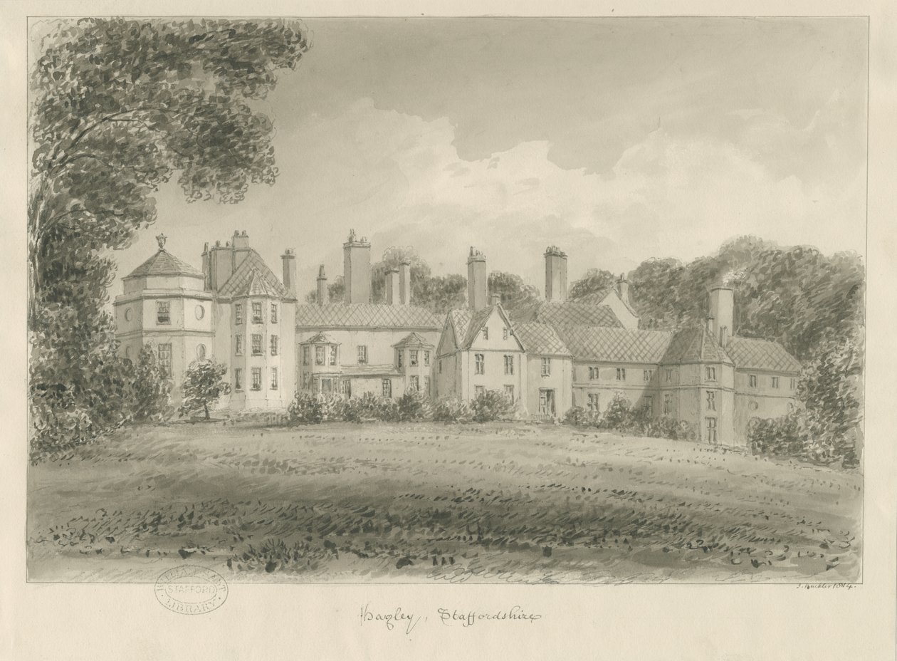 哈格利·霍尔（Hagley Hall）：棕褐色绘图，1814年 作者 约翰·巴克勒