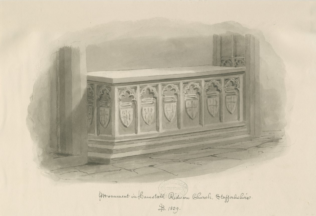 Hamstall Ridware教堂-纪念碑：棕褐色水墨画，1839年 作者 约翰·巴克勒
