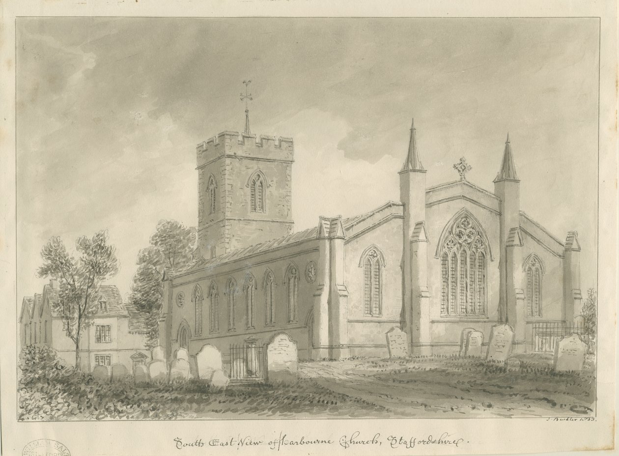 Harborne Church: sepia drawing 作者 约翰·巴克勒