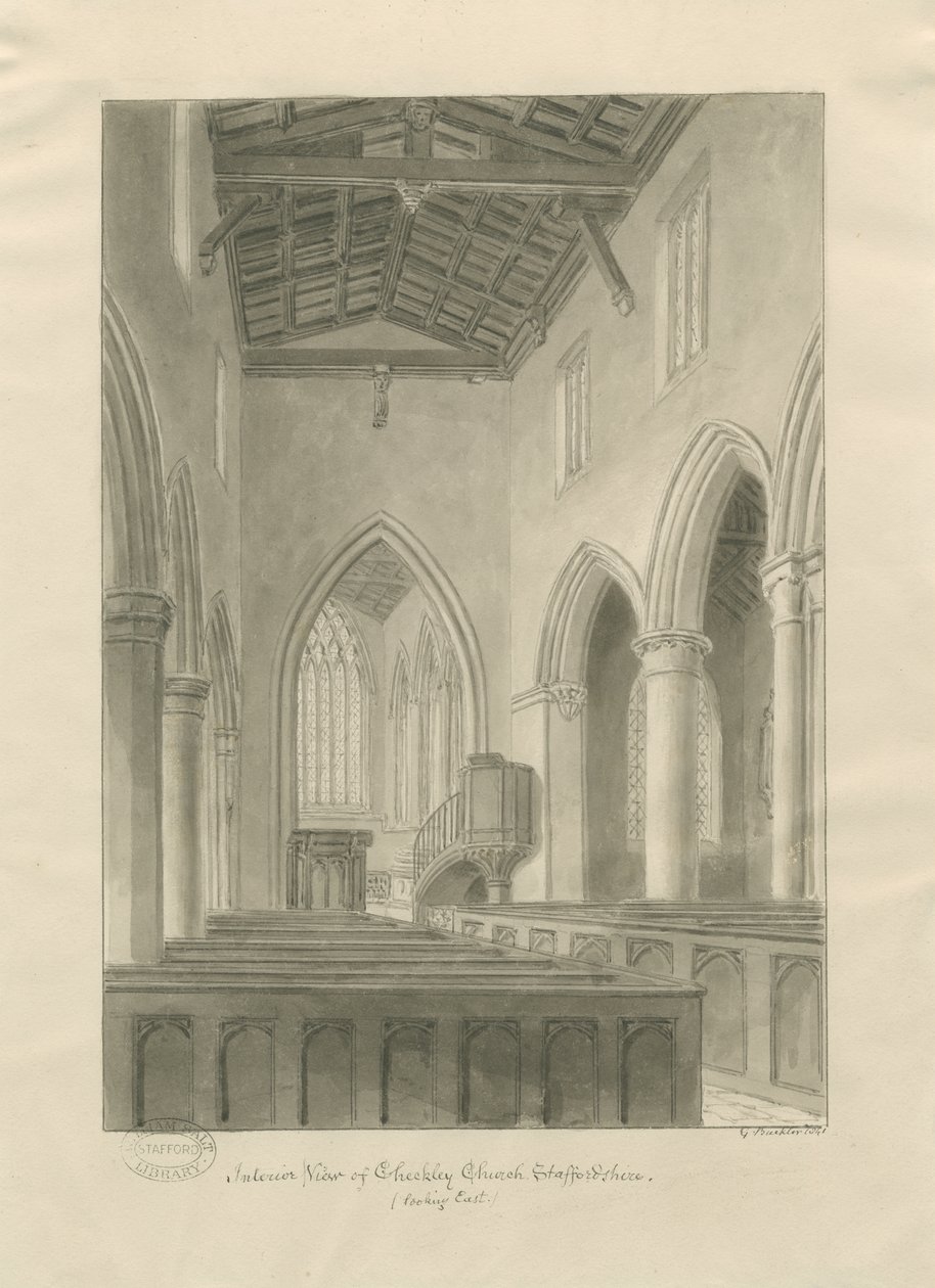 Interior of Checkley Church: sepia drawing 作者 约翰·巴克勒
