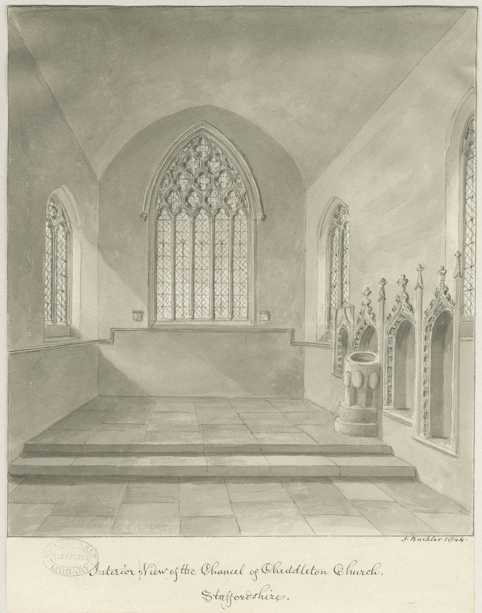 Interior of Cheddleton Church: sepia drawing 作者 约翰·巴克勒
