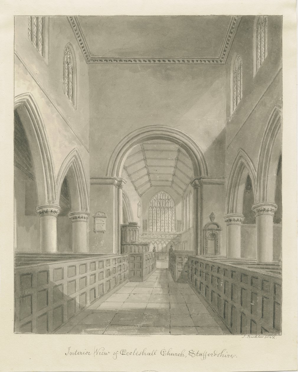 Eccleshall教堂内部：棕褐色绘画，1842年 作者 约翰·巴克勒