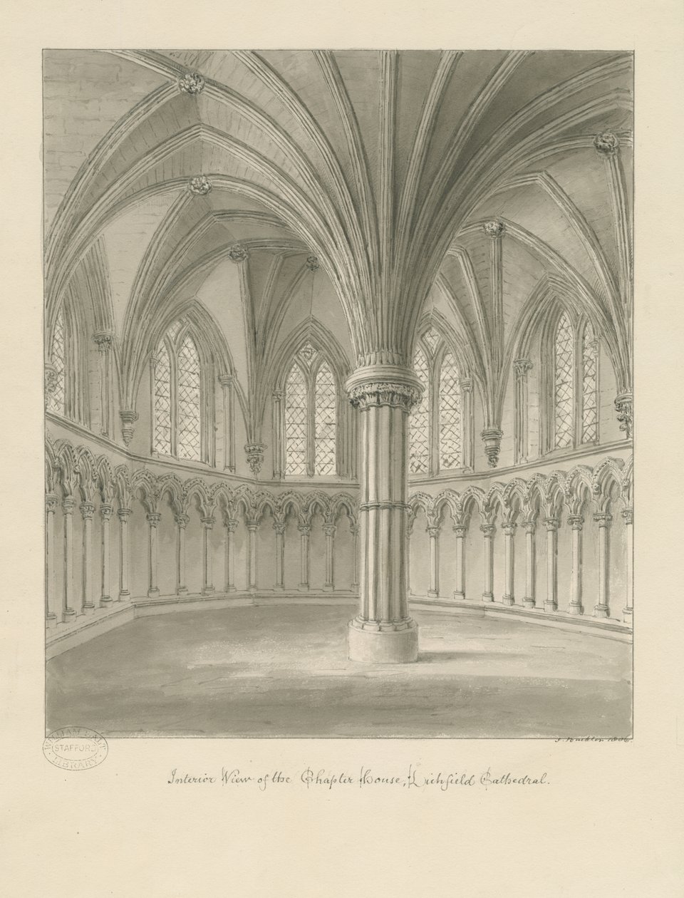 Interior of Lichfield Cathedral - Chapter House: sepia drawing 作者 约翰·巴克勒