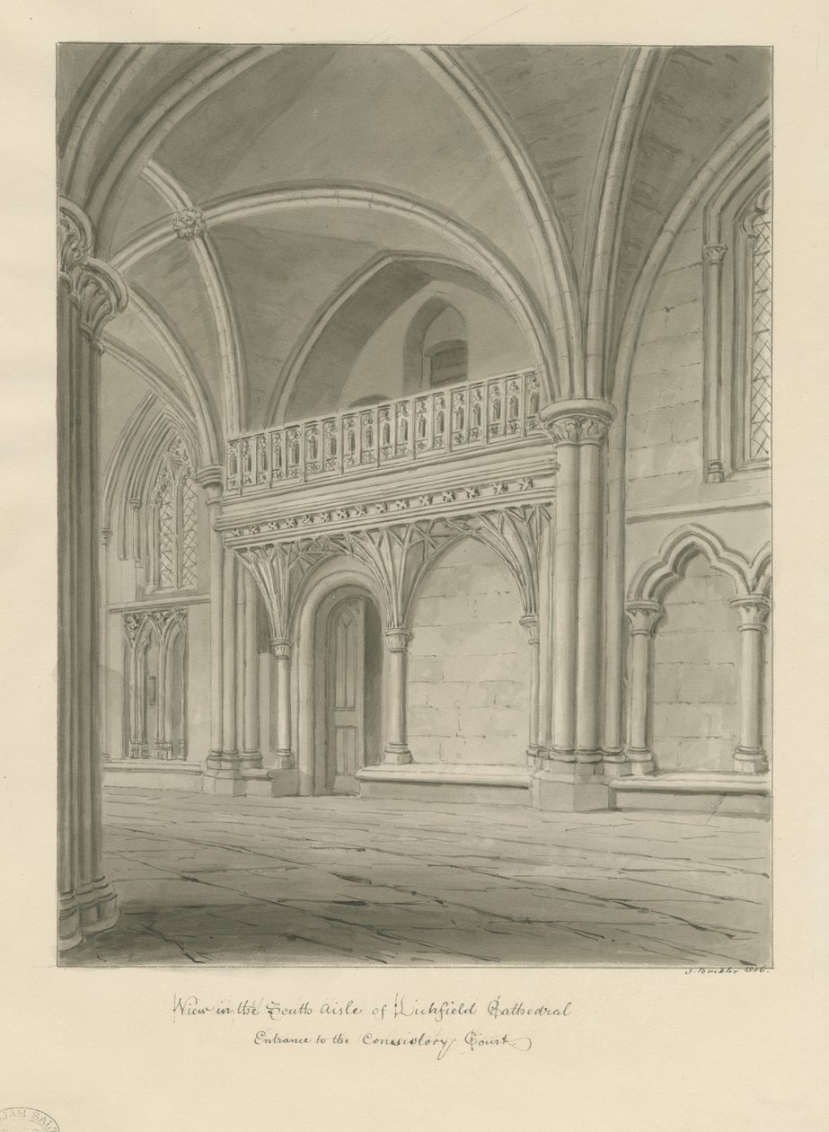Interior of Lichfield Cathedral - Entrance to Consistory Court: sepia drawing 作者 约翰·巴克勒