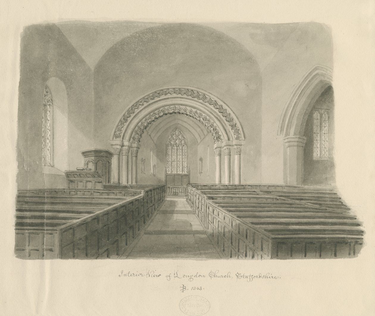 Interior of Longdon Church: sepia drawing 作者 约翰·巴克勒