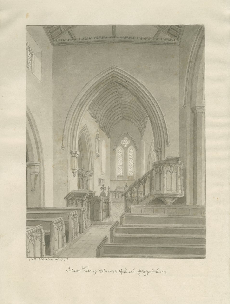 Interior of Standon Church: sepia drawing 作者 约翰·巴克勒