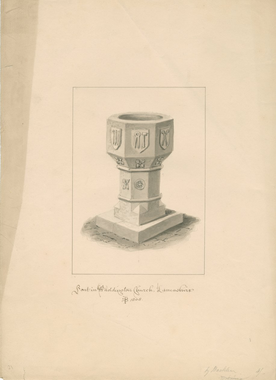 兰开夏郡-沃丁顿教堂-字体：深褐色绘画，1808年 作者 约翰·巴克勒