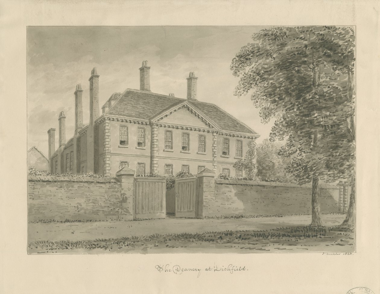 利奇菲尔德（Lichfield）-The Deanery in the Close：Sepia drawing，1838 作者 约翰·巴克勒
