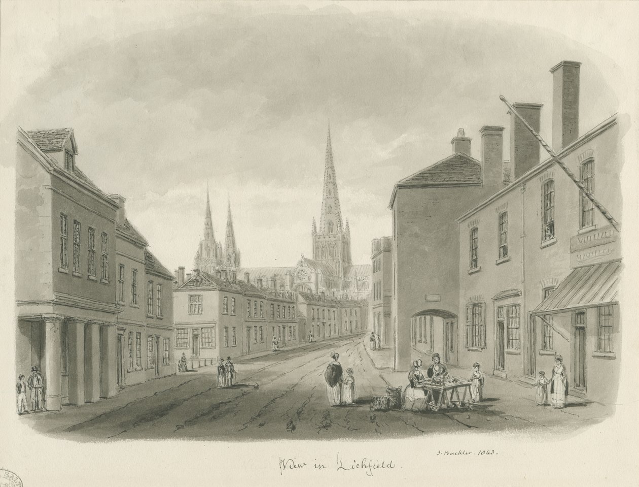 利奇菲尔德-街景：棕褐色画，1843年 作者 约翰·巴克勒