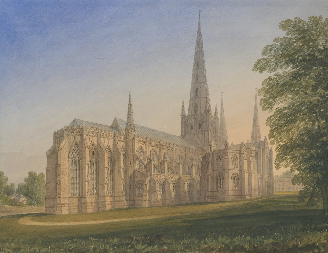 利奇菲尔德大教堂（Lichfield Cathedral）-东北部景观：水彩画，作品编号[1770-1851] 作者 约翰·巴克勒
