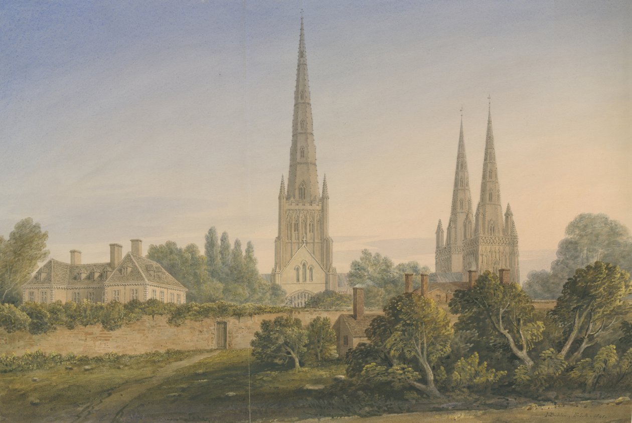 利奇菲尔德大教堂-北景：水彩画，1841年 作者 约翰·巴克勒