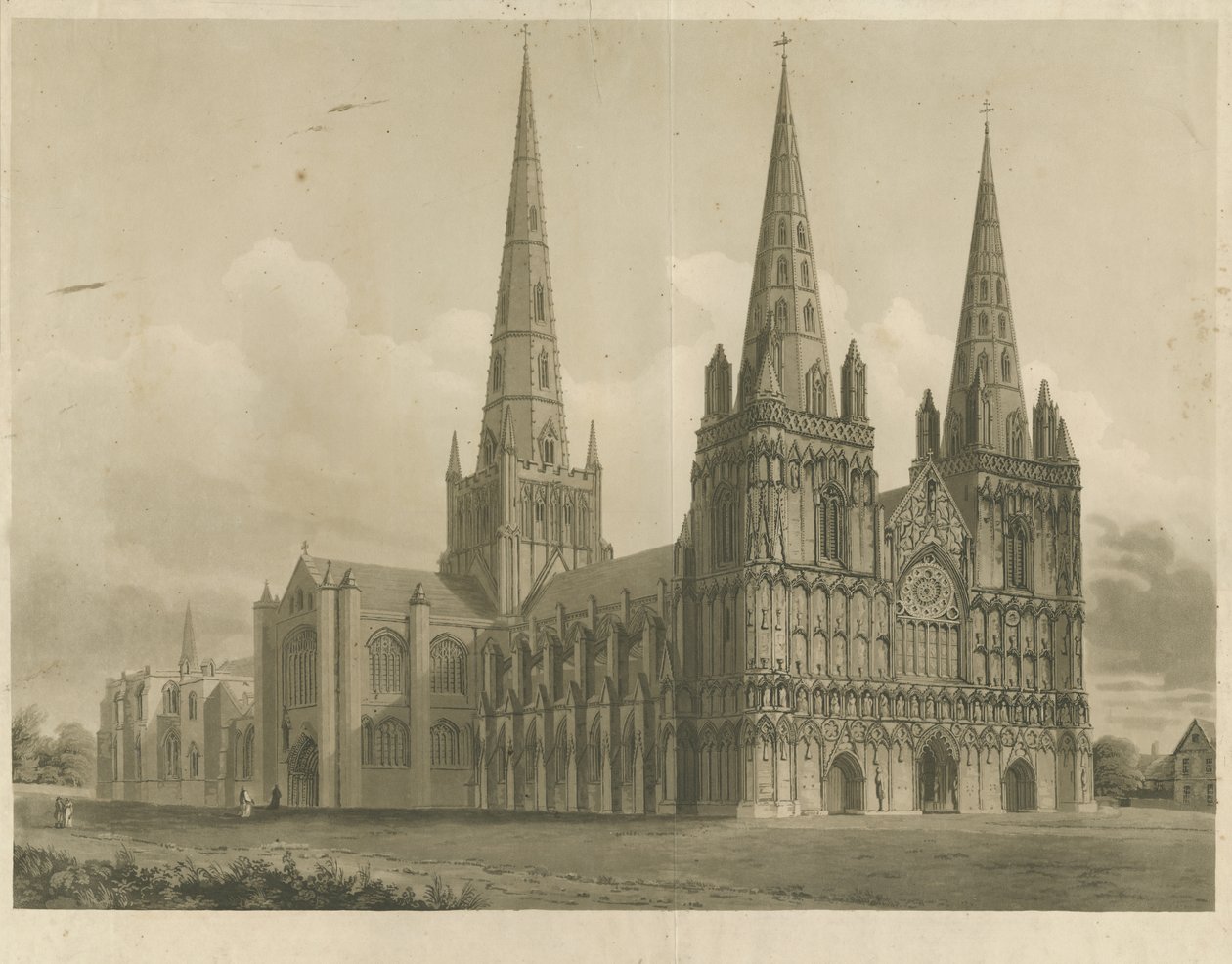 利奇菲尔德大教堂（Lichfield Cathedral）-西北景观：浅绿色版画，编号[1807] 作者 约翰·巴克勒