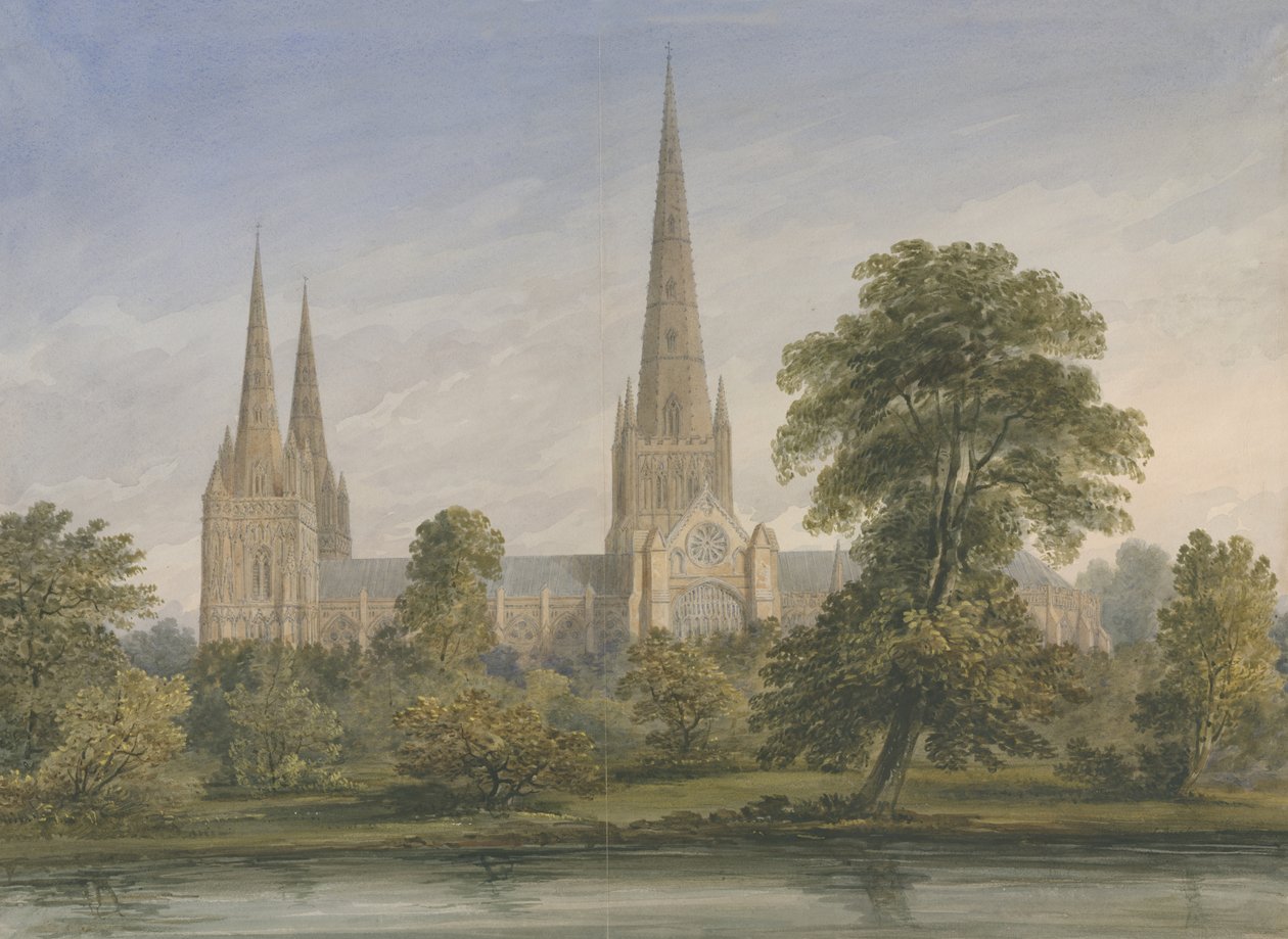 利奇菲尔德大教堂（Lichfield Cathedral）-东南视图：水彩画，nd [？1842] 作者 约翰·巴克勒