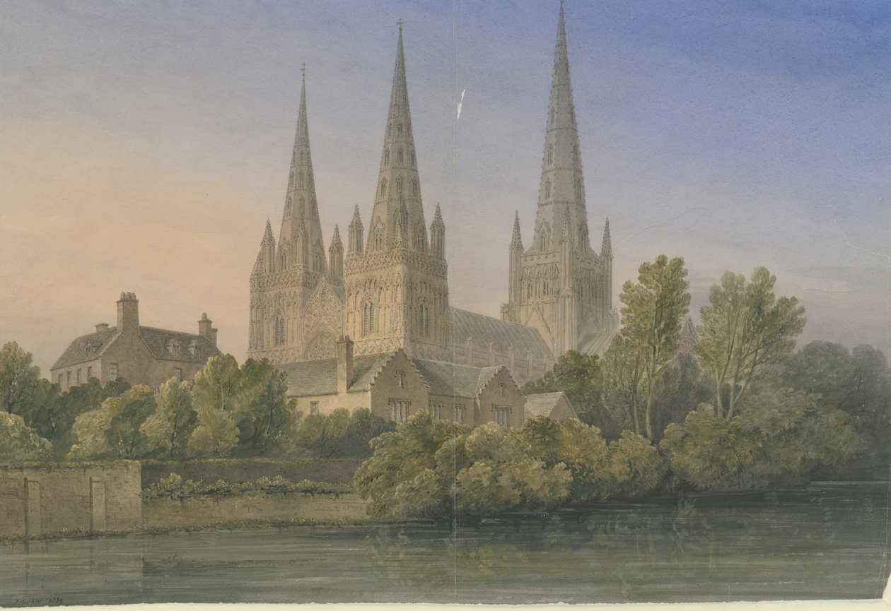 利奇菲尔德大教堂-西南风景：水彩画，1839年 作者 约翰·巴克勒