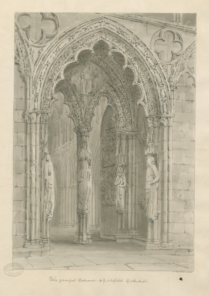 Lichfield Cathedral - West Doorway: sepia drawing 作者 约翰·巴克勒