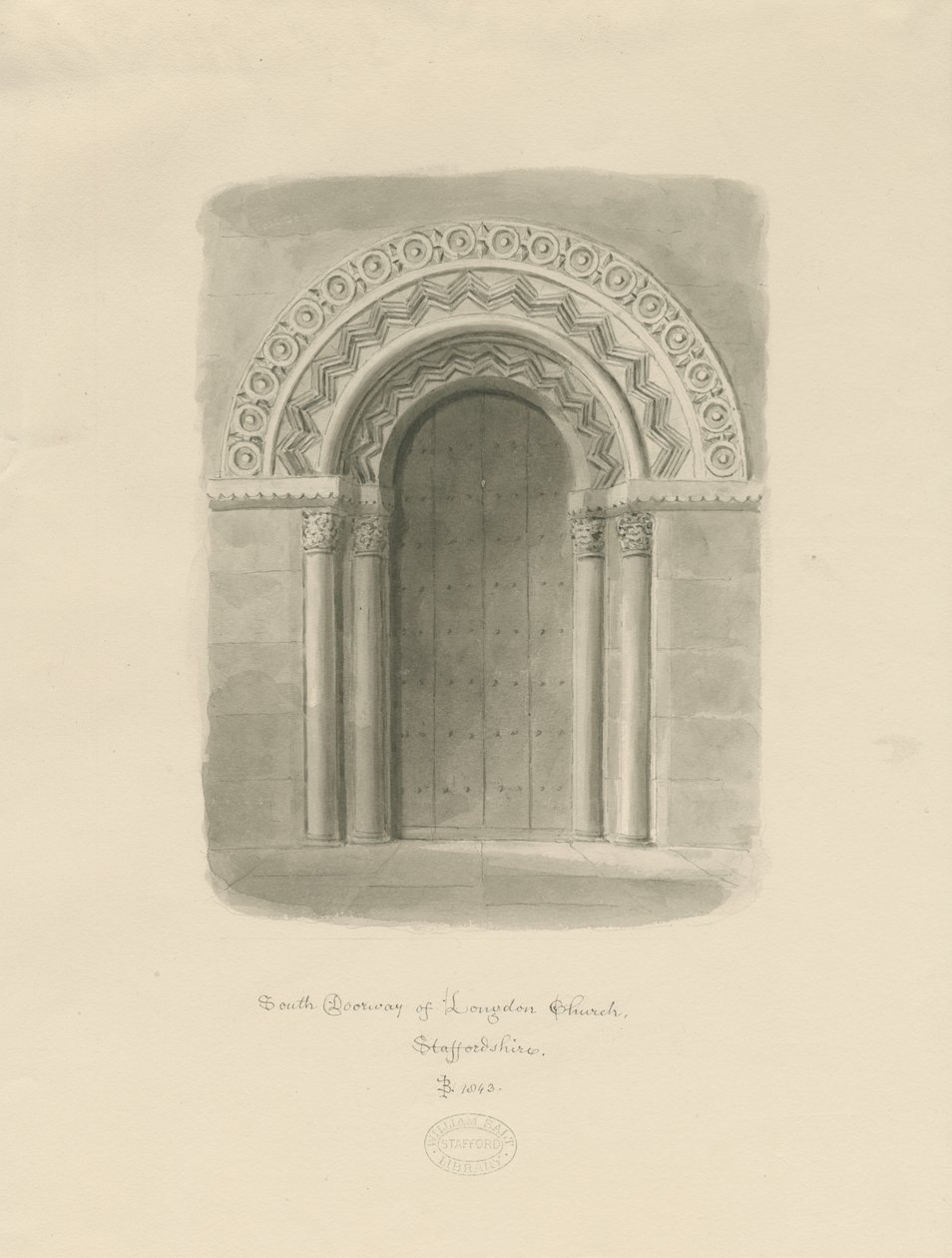 Longdon Church - South Doorway: sepia drawing 作者 约翰·巴克勒