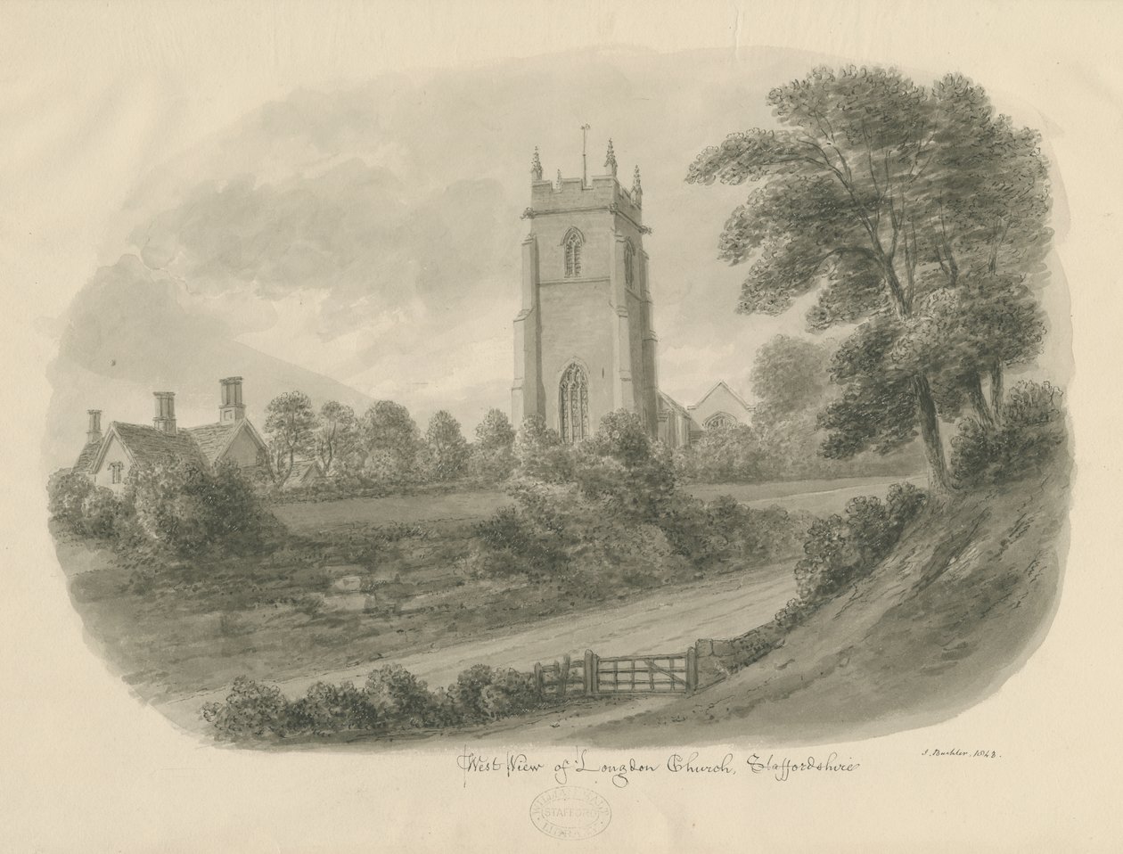 Longdon Church: sepia drawing 作者 约翰·巴克勒