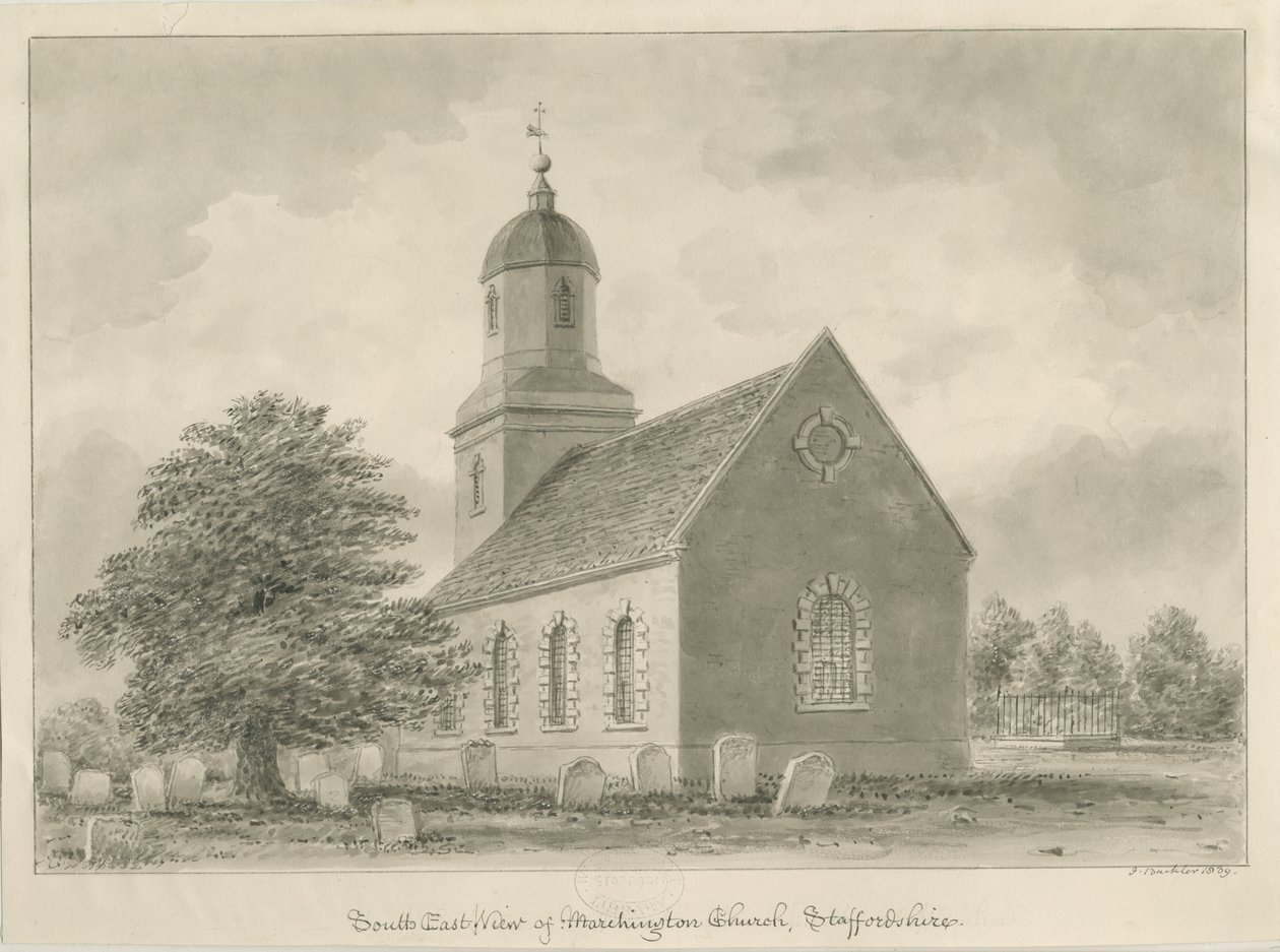 Marchington Church: sepia drawing 作者 约翰·巴克勒