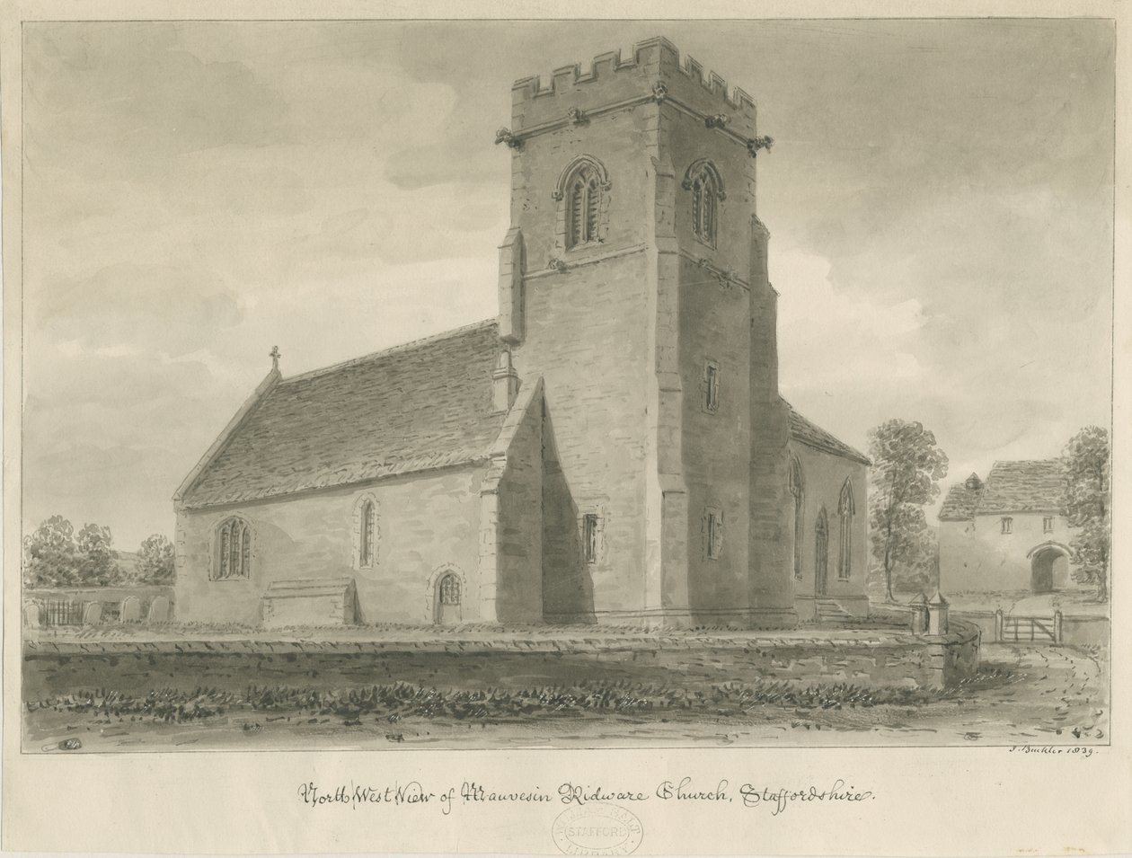 Mavesyn Ridware教堂：棕褐色绘画，1839年 作者 约翰·巴克勒