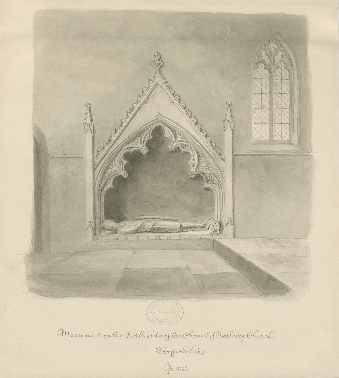 诺伯里教堂（Norbury Church）-拉尔夫·勒·布蒂尔纪念碑（Ralph le Botiler）：棕褐色水墨画，1843年 作者 约翰·巴克勒