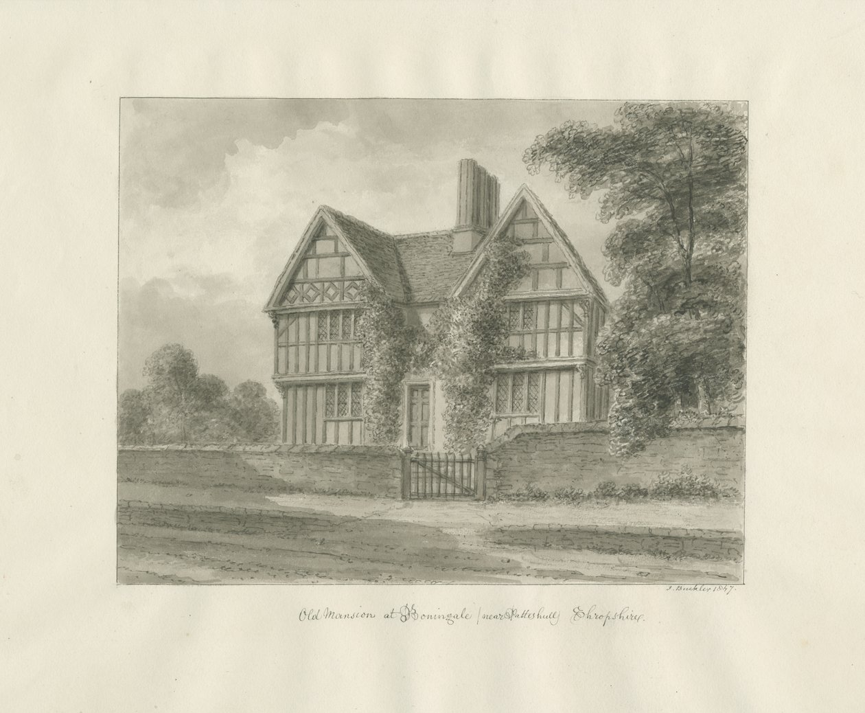 Patshull-Boningale的老豪宅：棕褐色水墨画，1847年 作者 约翰·巴克勒