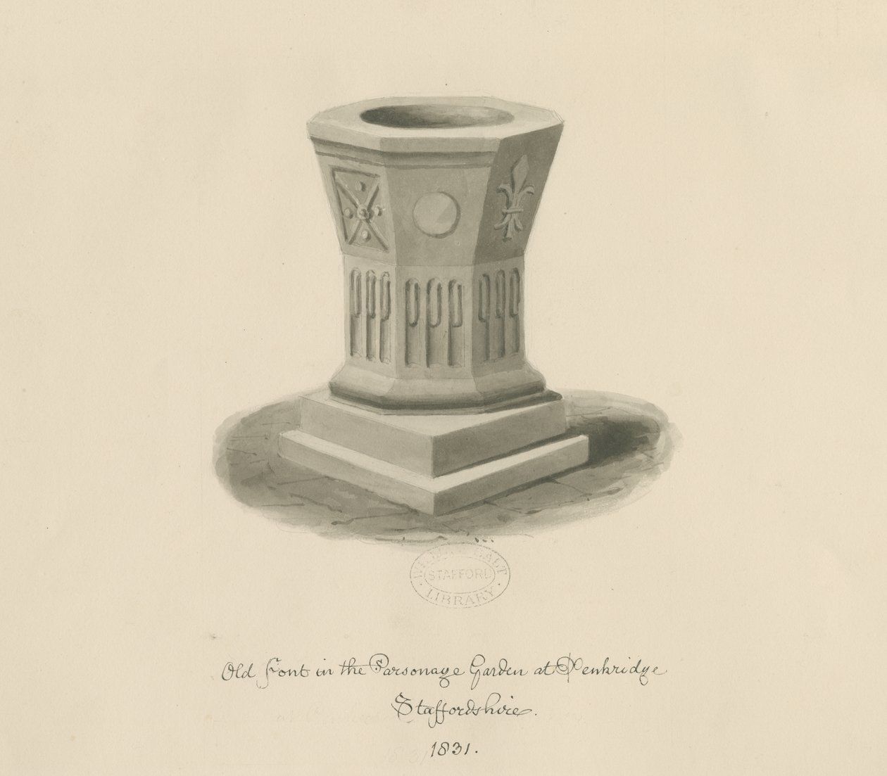 Penkridge - Font in Parsonage Garden: sepia drawing 作者 约翰·巴克勒