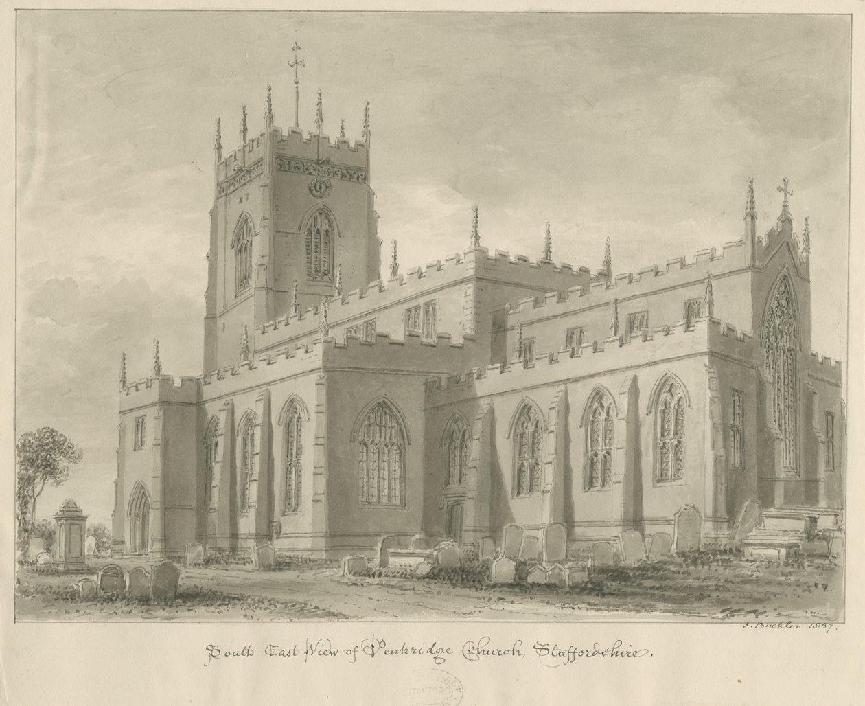 Penkridge Church: sepia drawing 作者 约翰·巴克勒
