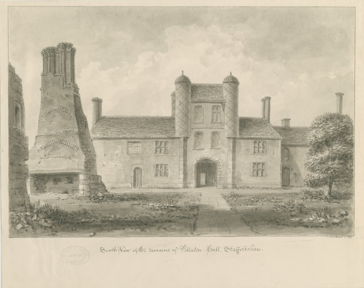 Pillaton Hall: sepia drawing 作者 约翰·巴克勒