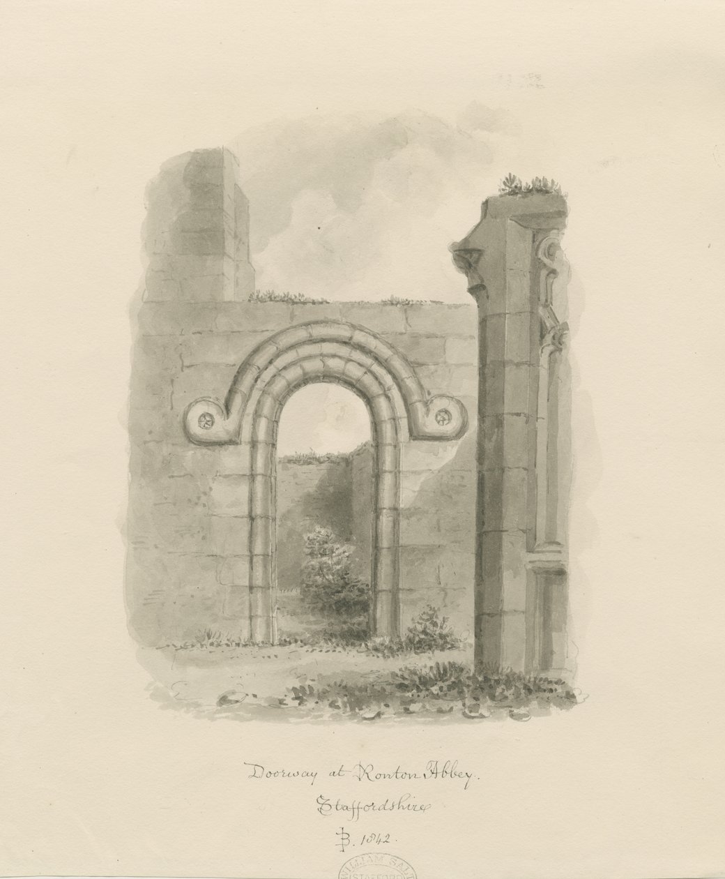 Ranton Abbey [Priory] - 门口的遗迹：棕褐色画 作者 约翰·巴克勒