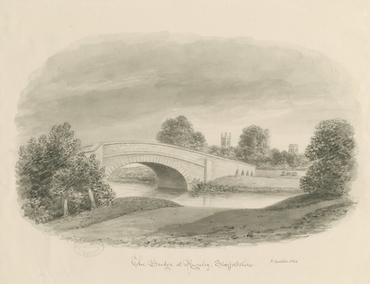 鲁奇利镇（Rugeley Town）-桥梁：棕褐色图纸，1842 作者 约翰·巴克勒