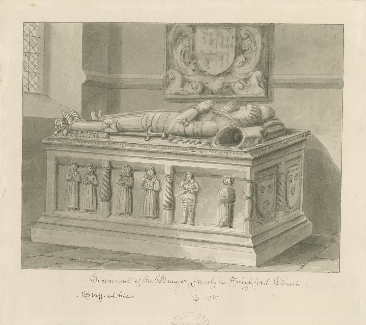 Seighford教堂-威廉和Mercy Bowyer墓：棕褐色水墨画，1842年 作者 约翰·巴克勒