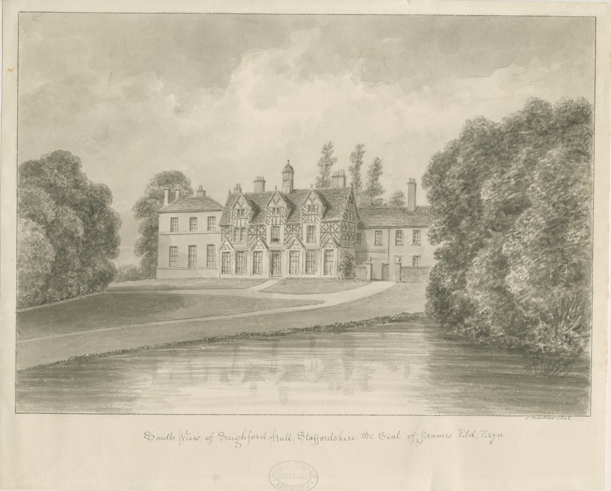 Seighford Hall：棕褐色绘图 作者 约翰·巴克勒