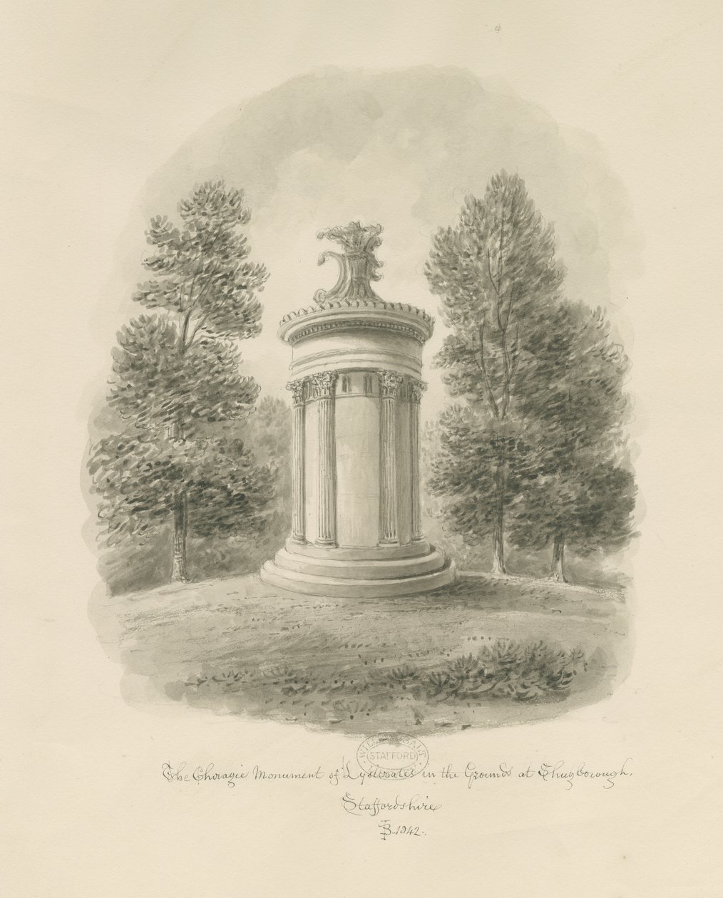 Shugborough - The Choragic Monument of Lysicrates：棕褐色绘图 作者 约翰·巴克勒