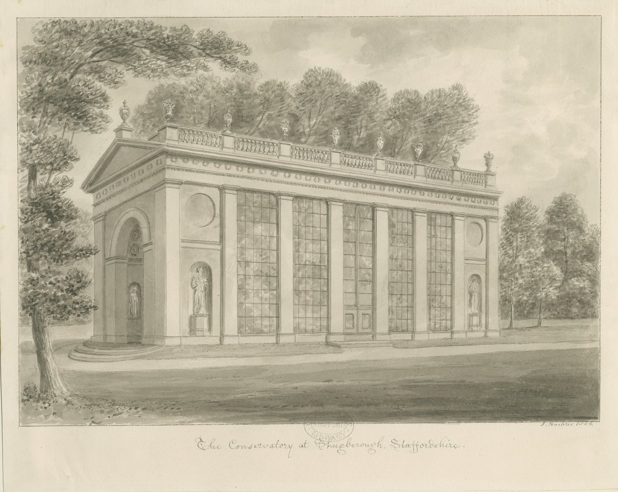 Shugborough Hall-音乐学院：棕褐色绘图 作者 约翰·巴克勒
